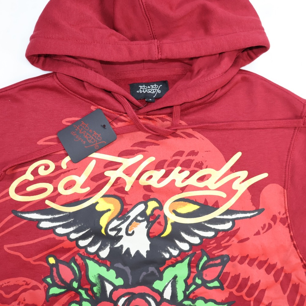 Ed Hardy Mens Small Burgundy Eagle Rose Tattoo Graphic Hoodie NWT